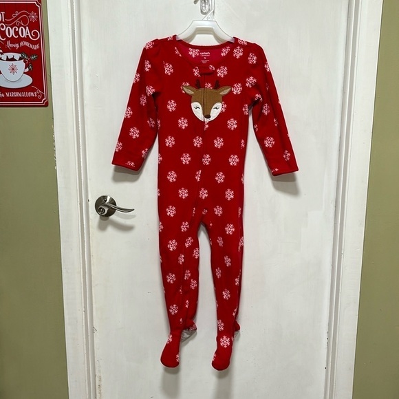 PRE OWNED CARTER'S FLEECE ONE PIECE 5T REINDEER FOOTIE PAJAMAS - Picture 1 of 10